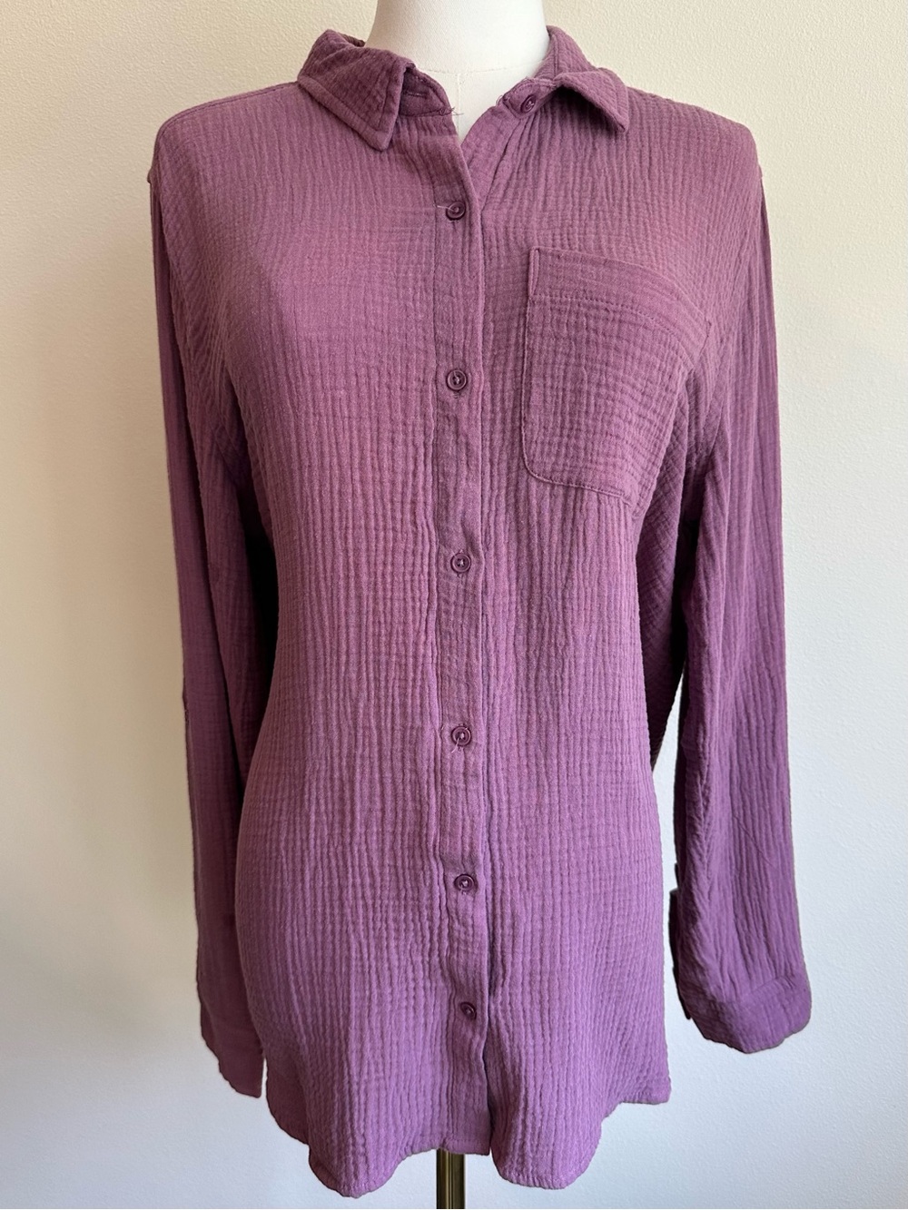 Anne Klein 100% Cotton Textured Button-Up Shirt in Mauve Plum | SIZE L